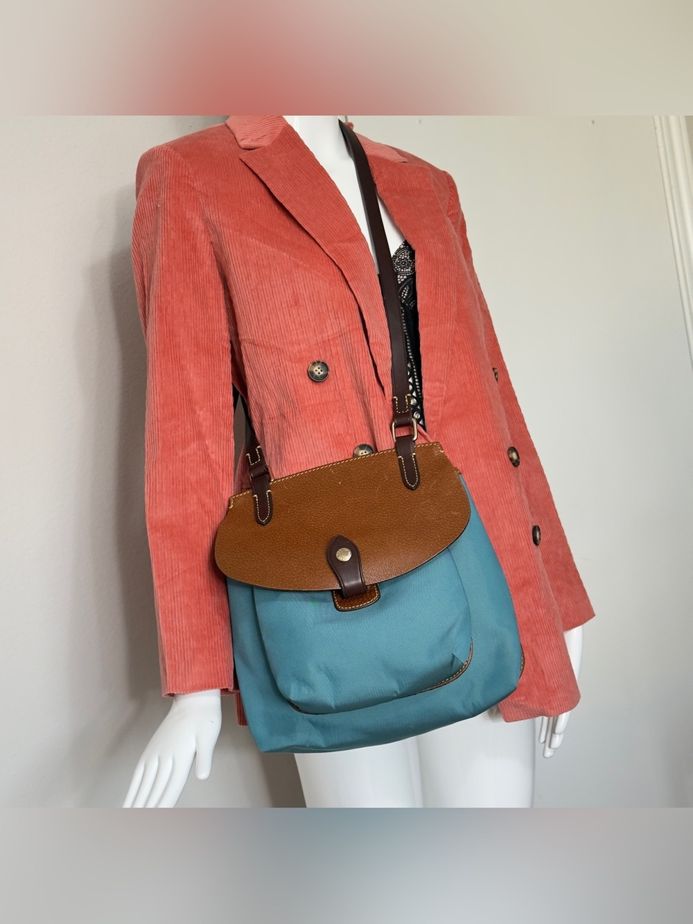 Vintage Dooney and Bourke Leather and Nylon Crossbody Saddle Bag Cognac Leather